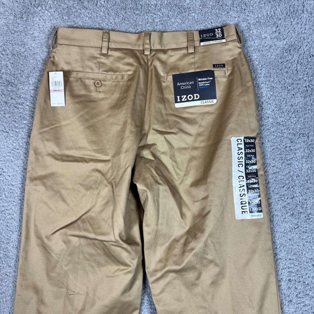 IZOD Chino Pants Mens 32x30 English Khaki New American Classic Flat Front Cotton